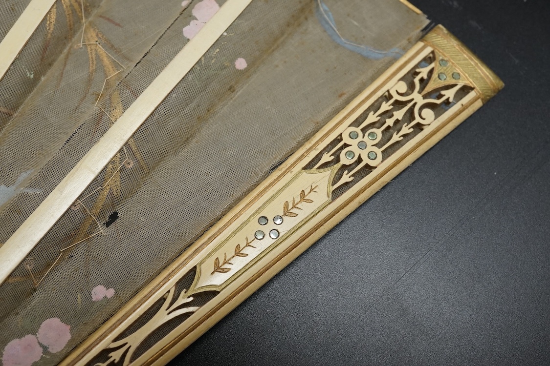 A group of 19th century fans to include a blonde tortoiseshell brisé fan, gilt decorated with sequins and a floral hand painted with figures with sequins decoration, some boxed, tortoiseshell fan 19cm high largest 36cm h